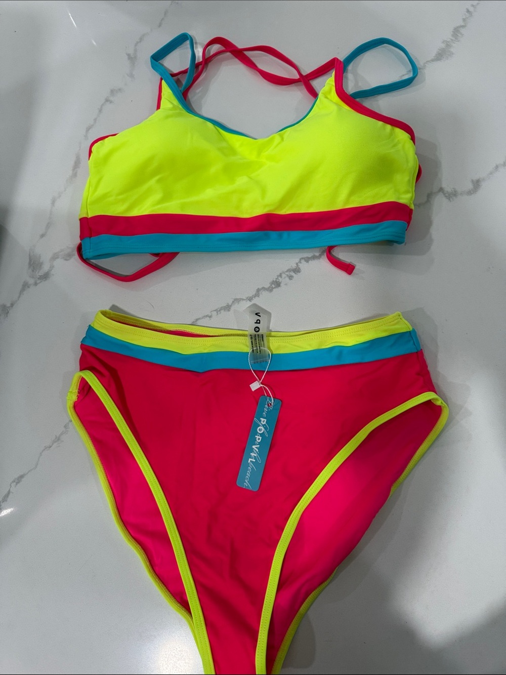 NWT Neon Colorblock Two-Piece Swimsuit - Pink, Yellow & Blue & coverup skirt